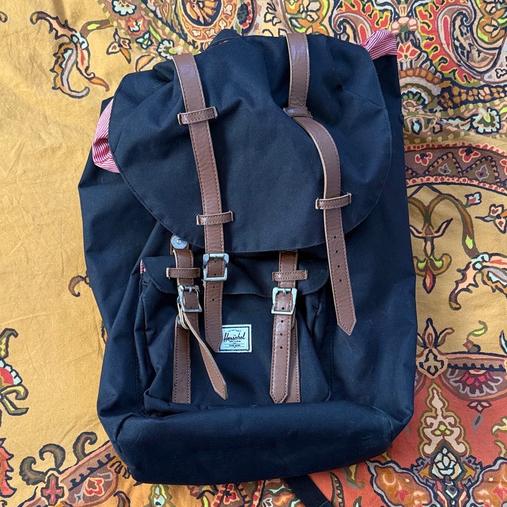 Herschel Supply Company Black Canvas Backpack with Brown Straps